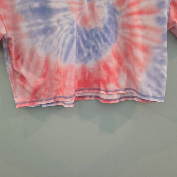 LOVE, LIFE, LIVE CROP T-SHIRT WITH DROP SLEEVE SIZE LARGE BLUE & PINK TIE DYE - Picture 8 of 11